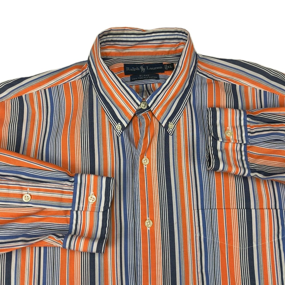 Ralph Lauren Blake Shirt Men XL Orange Blue Striped Button Down 100% Cotton Long